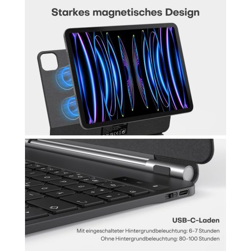 OMOTON iPad Air 11 Billentyűzet Tok Trackpad-dal, QWERTZ Bluetooth Billentyűzet, Fekete