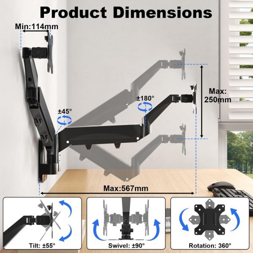 IMtKotW Dupla Monitor Fali Tartó 17-32" Magasságállítható Dönthető Forgó 9kg VESA