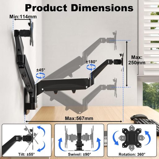 IMtKotW Dupla Monitor Fali Tartó 17-32" Magasságállítható Dönthető Forgó 9kg VESA