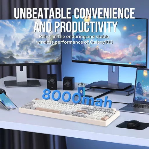 EPOMAKER Galaxy100 Aluminium Mechanikus Gamer Billentyűzet - 96% Méret, 8000 mAh, QMK/VIA, Vezeték Nélküli, Hot-Swap, Retro Dizájn, Wisteria