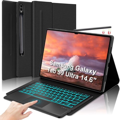 SENGBIRCH Bluetooth Billentyűzet Tok Samsung Tab S10/S9 Ultra 14.6" - Háttérvilágítás 7 Színben, Érintőpados Vezeték Nélküli Billentyűzet, S