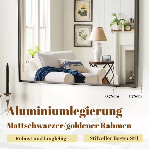 Oglindă de perete curbată BEAUTYPEAK cu ramă neagră din aluminiu, 75 x 100 cm, rezistentă la spargere, se poate agăța sau sprijini de perete, pentru baie, dormitor