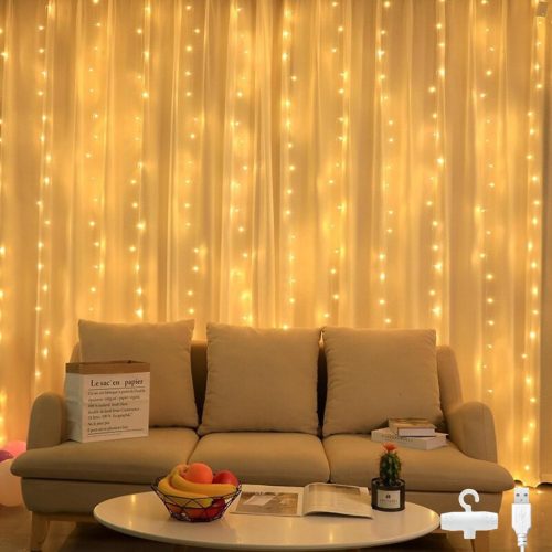 Bigzom LED Fényfüggöny 2x1m - 100 Meleg Fehér LED, USB Csatlakozás, IP65 Vízálló, 10 Akasztóval - Hálószobába, Partikra, Dekorációhoz