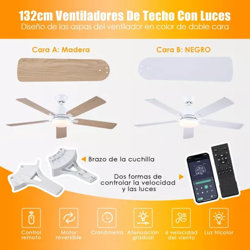Shanggu 52" Mennyezeti Ventilátor Lámpával, Flush Mount, APP Távirányítóval