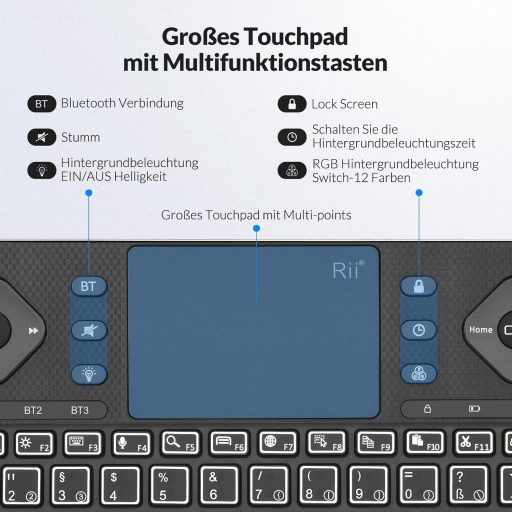 Tastatură Bluetooth Rii cu touchpad, iluminare de fundal în 12 culori, butoane multimedia pentru Smart TV, tabletă, laptop, PC, negru