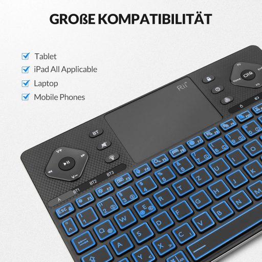 Tastatură Bluetooth Rii cu touchpad, iluminare de fundal în 12 culori, butoane multimedia pentru Smart TV, tabletă, laptop, PC, negru