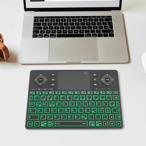 Rii Bluetooth billentyűzet touchpaddal, 12 színű háttérvilágítás, multimédia gombok Smart TV tablet laptop PC-hez fekete