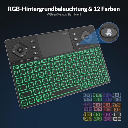 Rii Bluetooth billentyűzet touchpaddal, 12 színű háttérvilágítás, multimédia gombok Smart TV tablet laptop PC-hez fekete