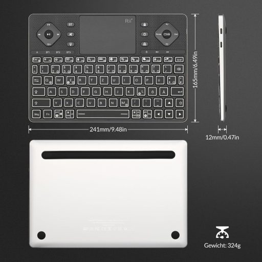 Tastatură Bluetooth Rii cu touchpad, iluminare de fundal în 12 culori, butoane multimedia pentru Smart TV, tabletă, laptop, PC, negru