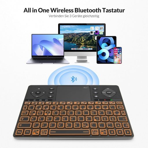 Rii Bluetooth billentyűzet touchpaddal, 12 színű háttérvilágítás, multimédia gombok Smart TV tablet laptop PC-hez fekete