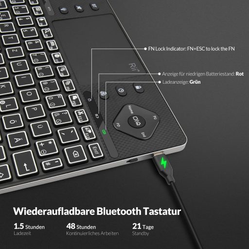 Rii Bluetooth billentyűzet touchpaddal, 12 színű háttérvilágítás, multimédia gombok Smart TV tablet laptop PC-hez fekete