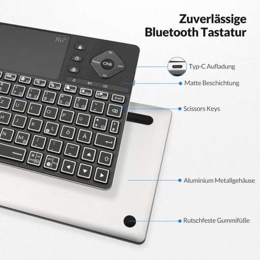 Rii Bluetooth tipkovnica s touchpadom, 12 boja pozadinskog osvjetljenja, multimedijske tipke za Smart TV tablet laptop PC, crna
