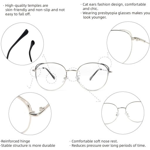 Ochelari de citit cu filtru de lumină albastră MMOWW, ramă cat-eye, argintiu, +2.0