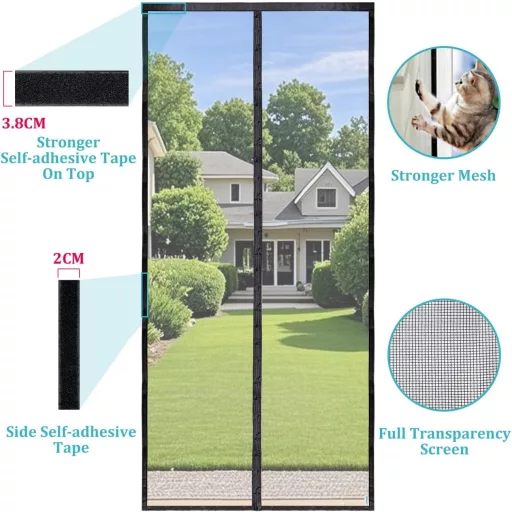 Plasă magnetică Apalus Prime pentru ușă - 75x210 cm, Transparentă, Rezistentă la rupere, Rezistentă la intemperii, Cu magneți puternici, Cu bandă velcro de 3,8 cm - Ușă balcon