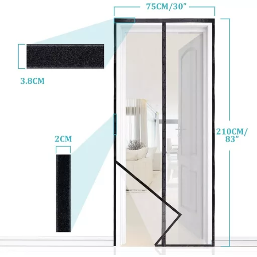 Plasă magnetică Apalus Prime pentru ușă - 75x210 cm, Transparentă, Rezistentă la rupere, Rezistentă la intemperii, Cu magneți puternici, Cu bandă velcro de 3,8 cm - Ușă balcon