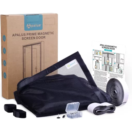 Plasă magnetică Apalus Prime pentru ușă - 75x210 cm, Transparentă, Rezistentă la rupere, Rezistentă la intemperii, Cu magneți puternici, Cu bandă velcro de 3,8 cm - Ușă balcon