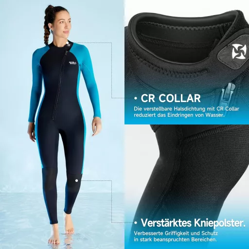 X-mAnTA 3 mm Potpuno Neoprensko Ronilačko Odijelo Žensko - Crno/Plavo Ronilačko Odijelo s Patentnim Zatvaračem od Rastezljivog Materijala za Ronjenje, Snorkeling, Surfanje