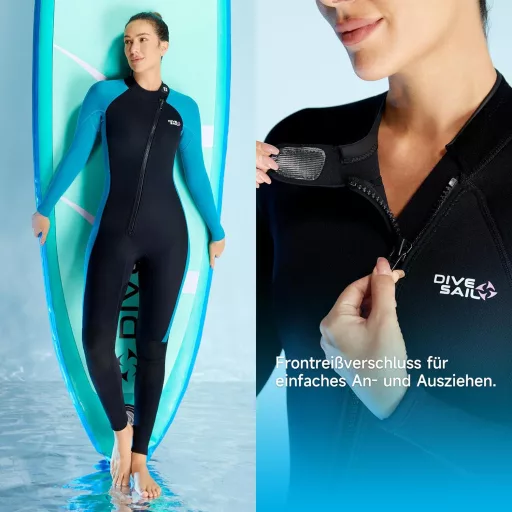X-mAnTA 3 mm Potpuno Neoprensko Ronilačko Odijelo Žensko - Crno/Plavo Ronilačko Odijelo s Patentnim Zatvaračem od Rastezljivog Materijala za Ronjenje, Snorkeling, Surfanje