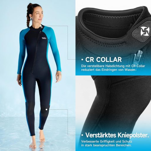 X-mAnTA 3 mm Teljes Neoprén Búvárruha Női - Fekete/Kék Cipzáras Búvárruha Nyúlékony Anyagból Búvárkodáshoz, Snorkelezéshez, Szörfözéshez