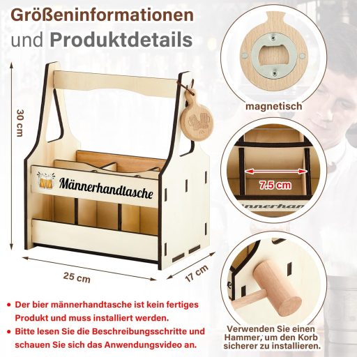 Marsui Fa Sörtartó Táska Férfiaknak - 6 Üveges Hordozható Sörszállító Nyitóval, Kivehető Rekeszekkel, Ajándék Sörfesztiválra, Szülinapra, Ap