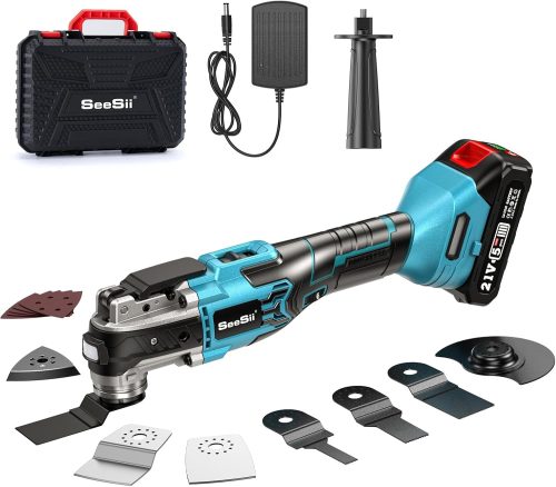 SeeSii 600W Unealtă Multifuncțională cu Acumulator, 6 Trepte de Viteză, Motor Fără Perii, Unghi de Oscilație 3°, Set 24 Piese, Acumulator 2.0Ah