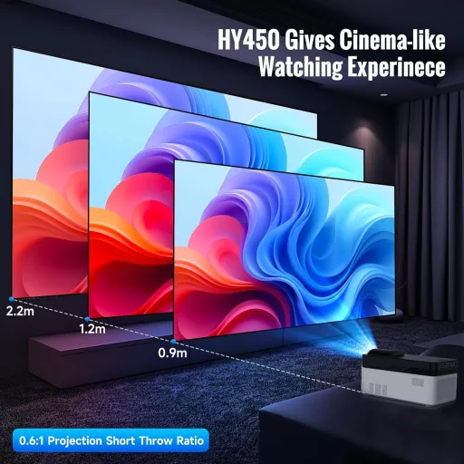 Proiector Smart Android Alwtniet HY450, Rezoluție Nativă 1080P, 700 ANSI Lumeni, Distanță de Proiecție Ultra Scurtă, WiFi6, Corecție Automată a Imaginii, 2+32G