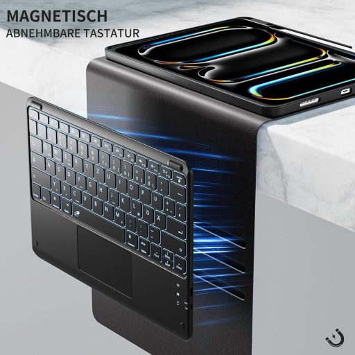 Vobafe iPad Pro 13 Tok Billentyűzettel M5/M4 QWERTZ Trackpad Világítással Fekete