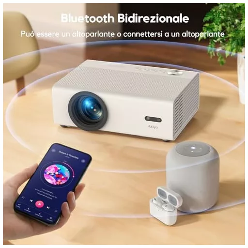 AKIYO O9 Okos Projektor Full HD 1080P Natív Felbontással, Netflix Hivatalos, Autofókusz, 50% Zoom, WiFi, Kétirányú Bluetooth 5.2, Hordozható