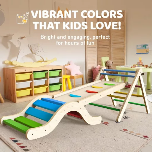 Puecrof Montessori 7 în 1 - Sală de joacă de interior cu tobogan, perete de cățărare și saltea pentru copii mici (1-3 ani), mesteacăn colorat.