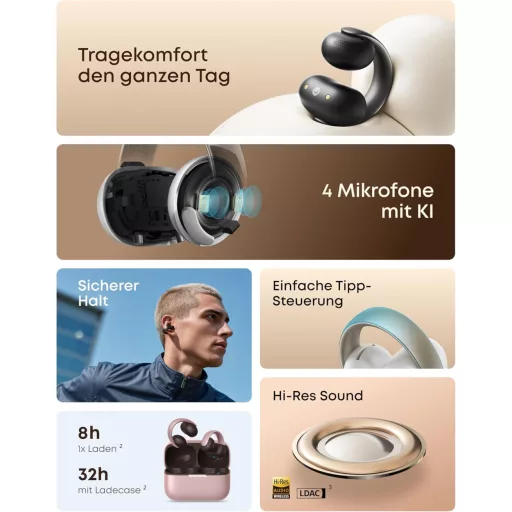 soundcore AeroClip nyitott fülhallgató Bluetooth, 12mm meghajtó, egész napos kényelem