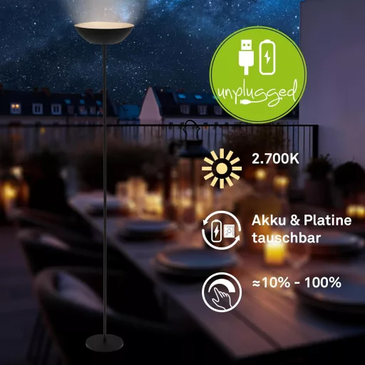 BRILONER LED Álló Lámpa Érintésvezérléses Dimmerrel, Akkumulátoros, 170 cm, Fekete