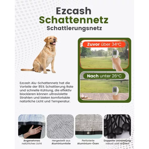 Ezcasch 2x3m Árnyékoló Háló Kutyáknak, 85% Alumínium UV Védelem Kötéllel
