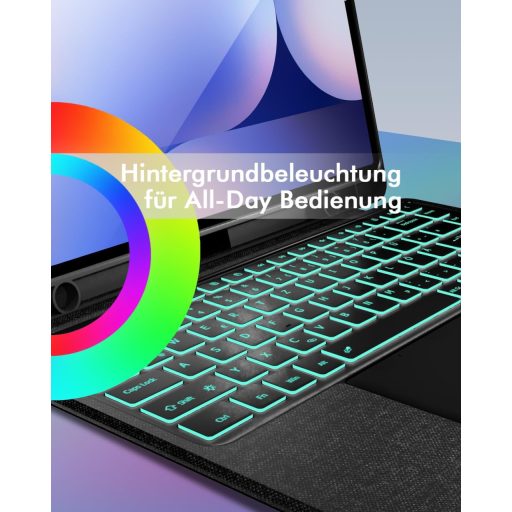 Doohoeek Billentyűzetes Tok Samsung Galaxy Tab S10/S9/S8 Ultra 14,6" Tablethez - QWERTZ Német Kiosztás, Háttérvilágítás, Trackpad, Fekete