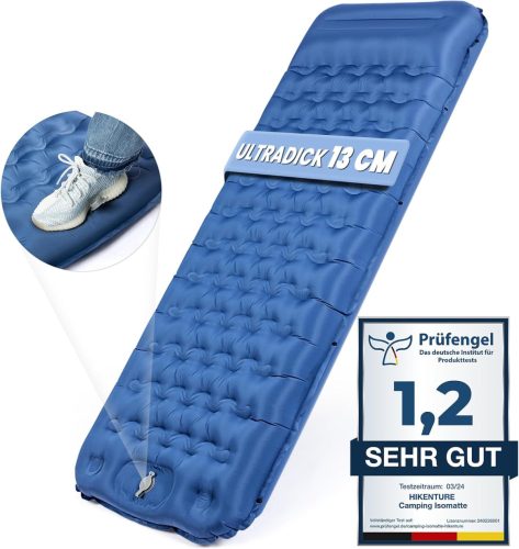 HIKENTURE Önfelfújó Kempingmatrac 13 cm Vastag, Párnával és Lábpumpával - Ultrakönnyű Túramatrac Kempingezéshez, Kiránduláshoz, 200x66 cm