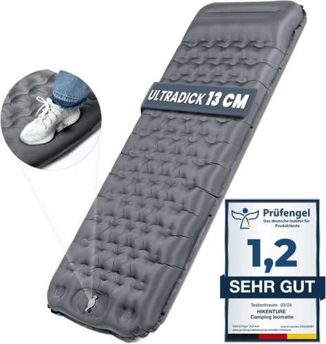 HIKENTURE Önfelfújó Kempingmatrac 13 cm Vastag, Párnával és Lábpumpával - Ultrakönnyű Túramatrac Kempingezéshez, Kiránduláshoz, 300 kg Teher