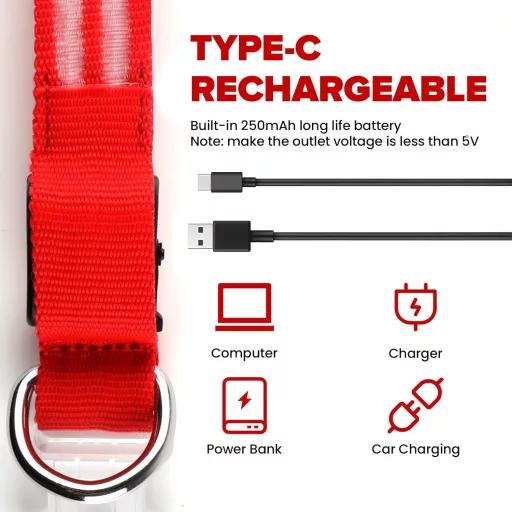 Feycig USB-s LED kutya nyakörv vízálló fényvisszaverő állítható S-L méret 3 mód