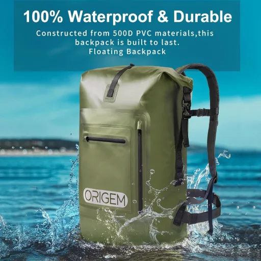 Rucsac impermeabil Origem 35L, tip rolltop, verde - Compartiment laptop, compartiment uscat-umed, pentru caiac, drumeții, pescuit