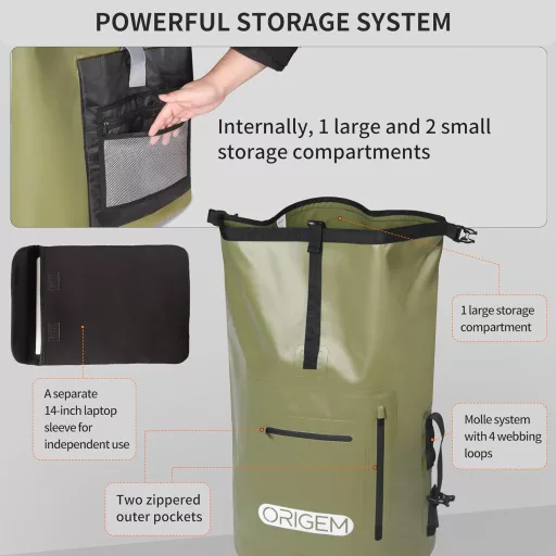 Rucsac impermeabil Origem 35L, tip rolltop, verde - Compartiment laptop, compartiment uscat-umed, pentru caiac, drumeții, pescuit