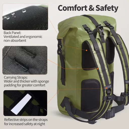 Rucsac impermeabil Origem 35L, tip rolltop, verde - Compartiment laptop, compartiment uscat-umed, pentru caiac, drumeții, pescuit