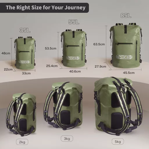 Rucsac impermeabil Origem 35L, tip rolltop, verde - Compartiment laptop, compartiment uscat-umed, pentru caiac, drumeții, pescuit