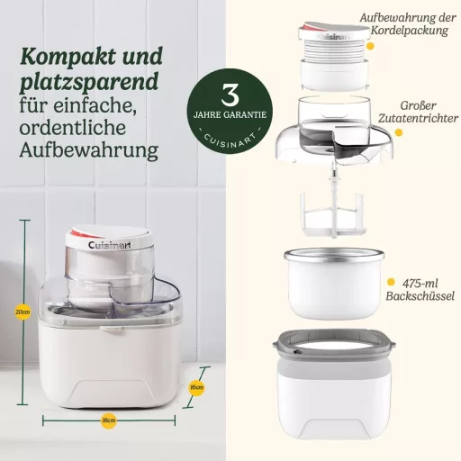 Aparat de înghețată Cuisinart Solo Scoops | Preparare gelaterie și înghețată de casă în 25 de minute | Aparat pentru sorbet | Aparat pentru iaurt înghețat | Compact, economisește spațiu | Bol de mixare de 475 ml | ICEM10