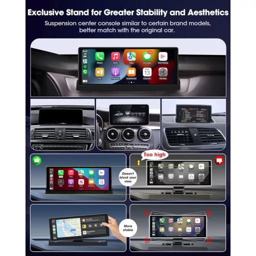 Jansite 10,26" Érintőképernyős CarPlay Android Autós Kijelző Állvánnyal - GPS Navigáció, Tolatókamera, Siri/Google Asszisztens, Vezeték Nélk