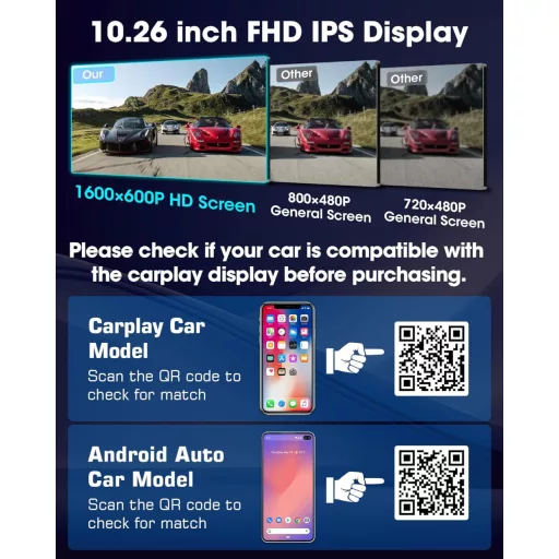 Jansite 10,26" Érintőképernyős CarPlay Android Autós Kijelző Állvánnyal - GPS Navigáció, Tolatókamera, Siri/Google Asszisztens, Vezeték Nélk