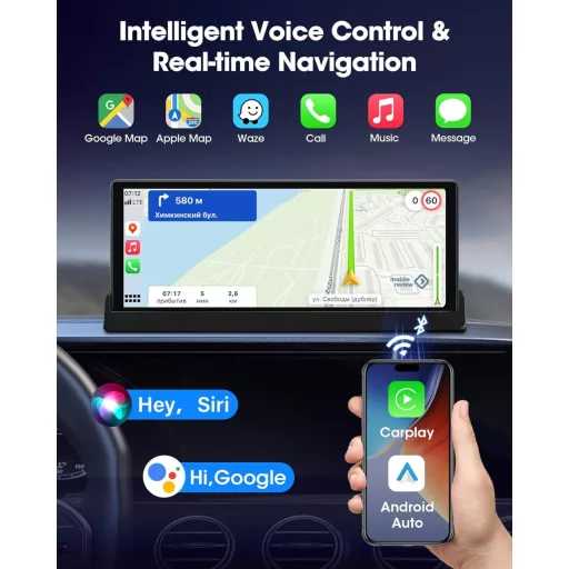 Jansite 10,26" Érintőképernyős CarPlay Android Autós Kijelző Állvánnyal - GPS Navigáció, Tolatókamera, Siri/Google Asszisztens, Vezeték Nélk