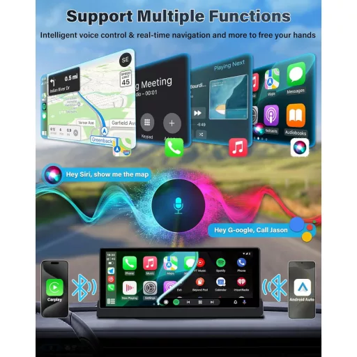 Stabilný držiak 10,26-palcový bezdrôtový displej CarPlay s cúvacou kamerou - monitor Android Auto, navigácia v reálnom čase, hlasové ovládanie,