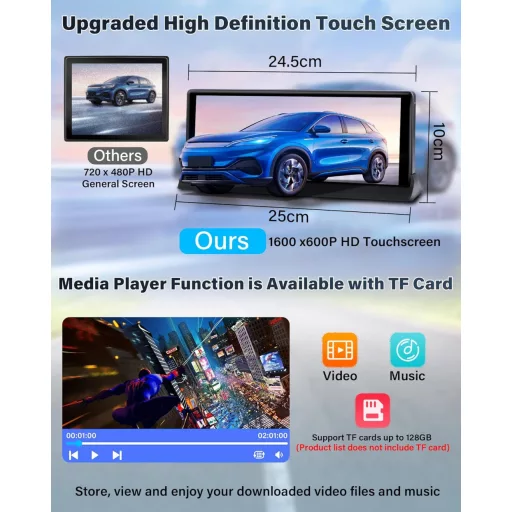 Stable Holder 10,26 hüvelykes vezeték nélküli CarPlay kijelző tolatókamerával - Android autós monitor, valós idejű navigáció, hangvezérlés,