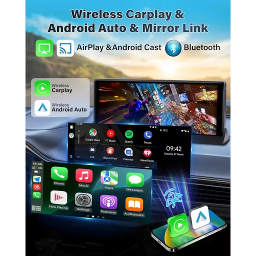 Stabilný držiak 10,26-palcový bezdrôtový displej CarPlay s cúvacou kamerou - monitor Android Auto, navigácia v reálnom čase, hlasové ovládanie,