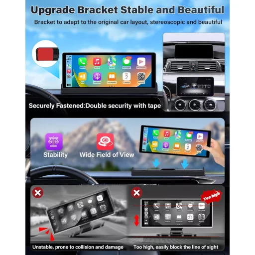 Stable Holder 10,26 hüvelykes vezeték nélküli CarPlay kijelző tolatókamerával - Android autós monitor, valós idejű navigáció, hangvezérlés,