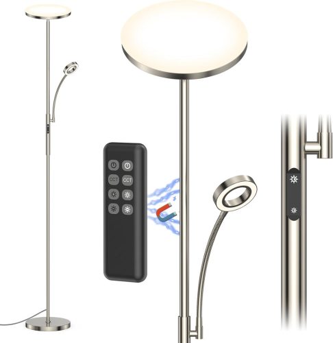 Amdelne LED Állólámpa Távirányítóval - 2in1 Dimmelhető 30W Mennyezeti Lámpa Flexibilis 5W Olvasólámpával, 4 Színhőmérséklet, Ezüst, Nappali,