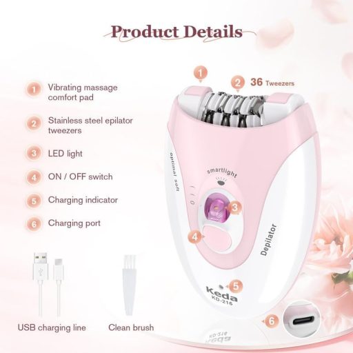 Bezdrôtový epilátor Bubbacare pre ženy s LED svetlom na tvár a telo
